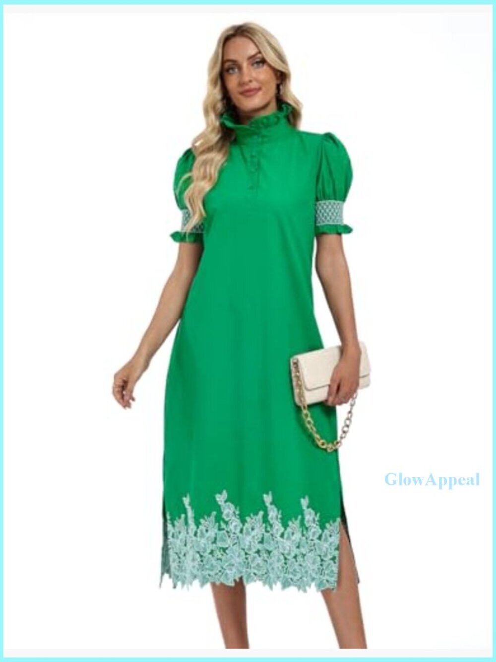 Summer Maxi Dress with Floral Embroidery, Puff Sleeves, Button Front - Picture 4 of 7